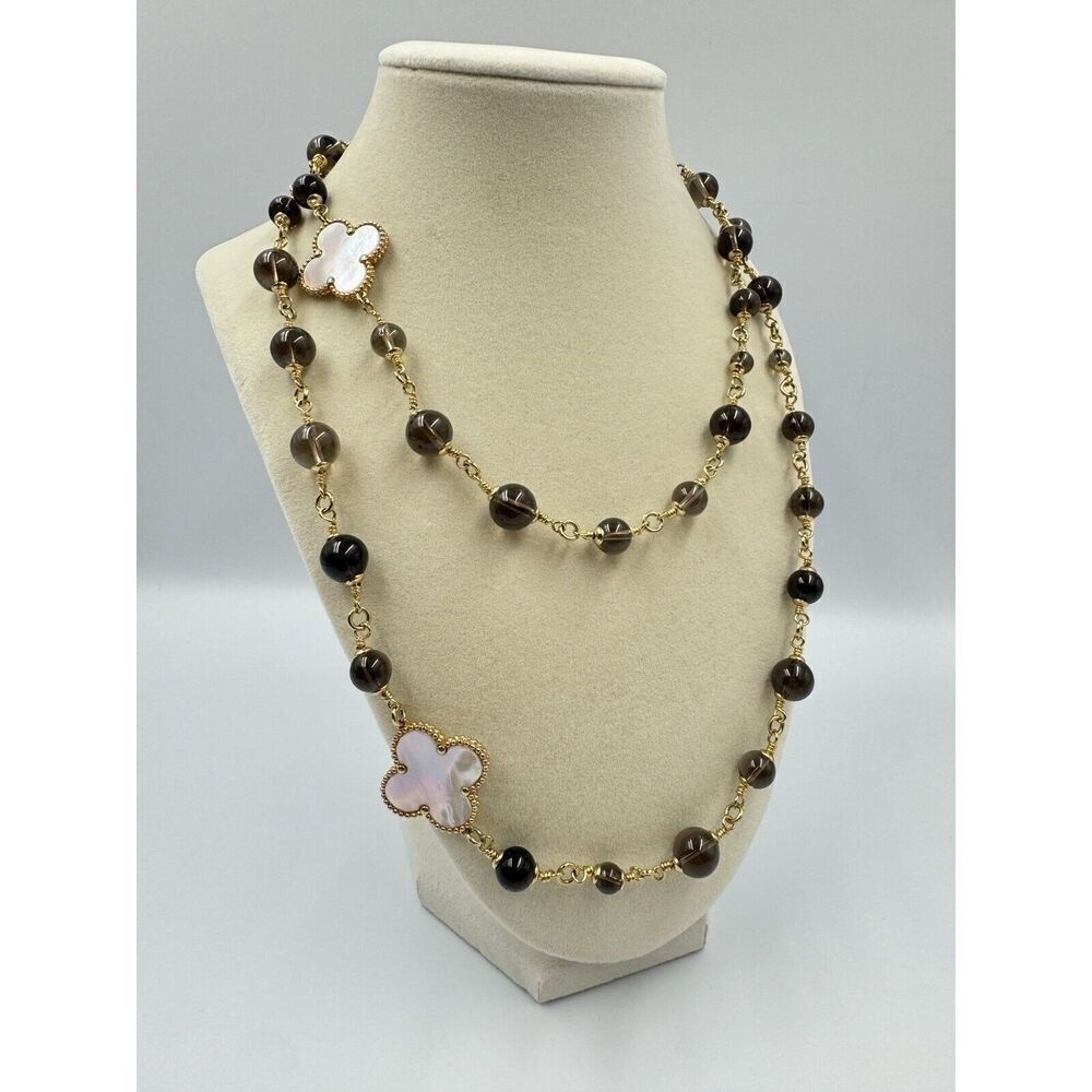 Gold Tone Natural‎ Gemstone Beaded Necklace Mother Of Pearl Clover Statement 38
